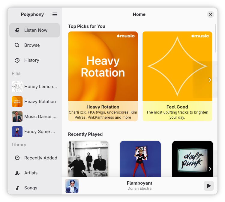 Polyphony on GNOME showing Apple Music recommendations and recently played albums.